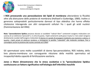 Nota: *perossidazione lipidica processo dovuto ai cosiddetti "radicali liberi" contenenti ossigeno molecolare con
carenza di un elettrone ("perossile"), in virtù di questo, i lipidi contenenti acidi grassi insaturi e i loro esteri vengono
direttamente ossidati dall’ossigeno molecolare (il danno è in grado di propagarsi mediante una reazione a catena, in
quanto i lipidi privati di elettroni tendono a reintegrare la perdita "rubandoli" alle molecole contigue, fino a
coinvolgere anche le proteine del nucleo centrale ed il DNA)
I ROS provocando una perossidazione dei lipidi di membrana alterandone la flluidità
oltre alla distruzione delle proteine di membrana (Halliwell e Gutteridge, 1989). Inoltre si
generano sottoprodotti particolarmente dannosi di tipo aldeidico che hanno effetto
citotossico interagendo con altri componenti cellulari fra i quali gli acidi nucleici
(frammentazione del DNA)
Gli spermatozoi sono molto suscettibili di danno lipo-perossidativo, ROS indotto, della
loro plasma-membrana con conseguente riduzione della motilità spermatica ed
incapacità/ridotta capacità di fertilizzazione oocitaria.
Jones e Mann dimostrarono che lo stress ossidativo e la *perossidazione lipidica
costituiscono un fattore significativo nell’etiologia dell’infertilità maschile
Scuola di Alta Formazione In Medicina
Integrata
Scienze andrologiche integrate
 