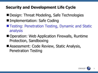 Security and Development Life Cycle Design: Threat Modeling, Safe Technologies Implementation: Safe Coding Testing: Penetration Testing, Dynamic and Static analysis Operation: Web Application Firewalls, Runtime Protection, Sandboxing Assessment: Code Review, Static Analysis, Penetration Testing 