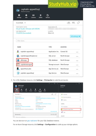 3. For a SQL Database resource, click Settings > Pricing tier to scale the pricing tier.
You can also turn on geo-replication for your SQL Database instance.
For an Azure Storage resource, click Settings > Configuration to scale up your storage options.
 