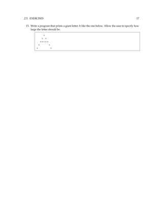 2.5. EXERCISES 17
15. Write a program that prints a giant letter A like the one below. Allow the user to specify how
large the letter should be.
*
* *
*****
* *
* *
 