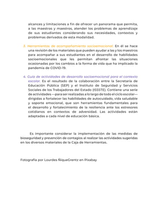 alcances y limitaciones a fin de ofrecer un panorama que permita,
a las maestras y maestros, atender los problemas de aprendizaje
de sus estudiantes considerando sus necesidades, contextos y
problemas derivados de esta modalidad.
3. Herramientas de acompañamiento socioemocional. En él se hace
una revisión de los materiales que pueden ayudar a las y los maestros
para acompañar a sus estudiantes en el desarrollo de habilidades
socioemocionales que les permitan afrontar las situaciones
ocasionadas por los cambios a la forma de vida que ha implicado la
pandemia de COVID-19.
4. Guía de actividades de desarrollo socioemocional para el contexto
escolar. Es el resultado de la colaboración entre la Secretaría de
Educación Pública (SEP) y el Instituto de Seguridad y Servicios
Sociales de los Trabajadores del Estado (ISSSTE). Contiene una serie
de actividades —para ser realizadas a lo largo de todo el ciclo escolar—
dirigidas a fortalecer las habilidades de autocuidado, vida saludable
y soporte emocional, que son herramientas fundamentales para
el desarrollo y fortalecimiento de la resiliencia ante los estresores
cotidianos en contextos de adversidad. Las actividades están
adaptadas a cada nivel de educación básica.
	 Es importante considerar la implementación de las medidas de
bioseguridad y prevención de contagios al realizar las actividades sugeridas
en los diversos materiales de la Caja de Herramientas.
Fotografía por Lourdes ÑiqueGrentz en Pixabay
 