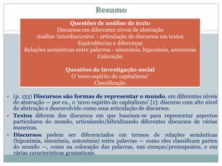 Resumo
 (p. 133) Discursos são formas de representar o mundo, em diferentes níveis
de abstração — por ex., o ‘novo espírito do capitalismo’ [1]: discurso com alto nível
de abstração e desenvolvido como uma articulação de discursos.
 Textos diferem dos discursos em que baseiam-se para representar aspectos
particulares do mundo, articulando/hibridizando diferentes discursos de várias
maneiras.
 Discursos podem ser diferenciados em termos de relações semânticas
(hiponímia, sinonímia, antonímia) entre palavras — como eles classificam partes
do mundo —, como na colocação das palavras, nas crenças/pressupostos, e em
várias características gramaticais.
2
Questões de análise de texto
Discursos em diferentes níveis de abstração
Análise ‘interdiscursiva’ - articulação de discursos em textos
Equivalências e diferenças
Relações semânticas entre palavras - sinonímia, hiponímia, antonímia
Colocação
Questões de investigação social
O ‘novo espírito do capitalismo’
Classificação
 