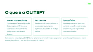 O que é a OLITEF?
Iniciativa Nacional
Promovida pelo Tesouro Nacional e
B3, com apoio do Ministério da
Educação e Banco Central, visa
ensinar o uso consciente do
dinheiro.
Estrutura
Dividida em três níveis conforme a
série dos alunos, com prova
objetiva de 20 questões de múltipla
escolha.
Conteúdos
Aborda planejamento ﬁnanceiro,
economia pessoal, investimentos e
conceitos de juros, orçamento e
consumo consciente.
Mais que uma competição, a OLITEF é uma ferramenta de transformação que promove aprendizado prático sobre o uso do
dinheiro, impactando a vida dos estudantes e suas famílias.
 