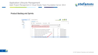 Application Lifecycle Management
Agile Project Management in Visual Studio Team Foundation Server 2013
© 2015 Stefanini Proprietary and Confidential
31
Product Backlog and Sprints
 
