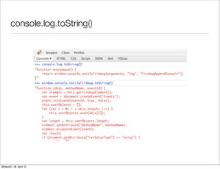 console.log.toString()




Mittwoch, 18. April 12
 