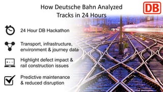 24 Hour DB Hackathon
Highlight defect impact &
rail construction issues
Predictive maintenance
& reduced disruption
Transport, infrastructure,
environment & journey data
How Deutsche Bahn Analyzed
Tracks in 24 Hours
 