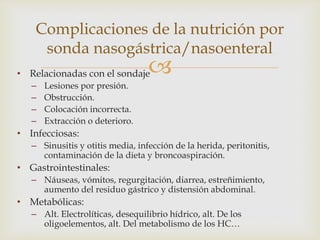
• Relacionadas con el sondaje
– Lesiones por presión.
– Obstrucción.
– Colocación incorrecta.
– Extracción o deterioro.
• Infecciosas:
– Sinusitis y otitis media, infección de la herida, peritonitis,
contaminación de la dieta y broncoaspiración.
• Gastrointestinales:
– Náuseas, vómitos, regurgitación, diarrea, estreñimiento,
aumento del residuo gástrico y distensión abdominal.
• Metabólicas:
– Alt. Electrolíticas, desequilibrio hídrico, alt. De los
oligoelementos, alt. Del metabolismo de los HC…
Complicaciones de la nutrición por
sonda nasogástrica/nasoenteral
 