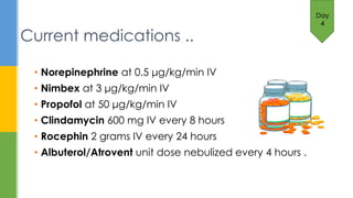 • Norepinephrine at 0.5 μg/kg/min IV
• Nimbex at 3 μg/kg/min IV
• Propofol at 50 μg/kg/min IV
• Clindamycin 600 mg IV every 8 hours
• Rocephin 2 grams IV every 24 hours
• Albuterol/Atrovent unit dose nebulized every 4 hours .
Day
4
Current medications ..
 