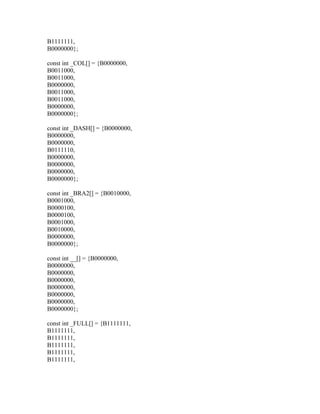 B1111111,
B0000000};

const int _COL[] = {B0000000,
B0011000,
B0011000,
B0000000,
B0011000,
B0011000,
B0000000,
B0000000};

const int _DASH[] = {B0000000,
B0000000,
B0000000,
B0111110,
B0000000,
B0000000,
B0000000,
B0000000};

const int _BRA2[] = {B0010000,
B0001000,
B0000100,
B0000100,
B0001000,
B0010000,
B0000000,
B0000000};

const int __[] = {B0000000,
B0000000,
B0000000,
B0000000,
B0000000,
B0000000,
B0000000,
B0000000};

const int _FULL[] = {B1111111,
B1111111,
B1111111,
B1111111,
B1111111,
B1111111,
 