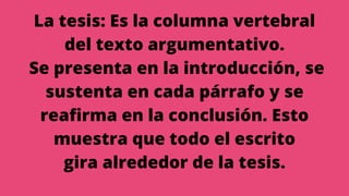 La tesis: Es la columna vertebral
del texto argumentativo.
Se presenta en la introducción, se
sustenta en cada párrafo y se
reafirma en la conclusión. Esto
muestra que todo el escrito
gira alrededor de la tesis.
 
