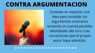 CONTRA ARGUMENTACION
Consiste en exponer una
idea para invalidar los
argumentos contrarios
teniendo en cuenta posibles
debilidades del otro o las
concesiones que el propio
autor haya admitido.
 