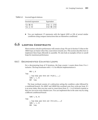 6.6 Looping Constructs 183
Table 6.1 Inverted logical relations
Inverted expression Equivalent
!(a  b) (!a) || (!b)
!(a || b) (!a)  (!b)
■ You can implement if statements with the logical AND or OR of several similar
conditions using compare instructions that are themselves conditional.
6.6 Looping Constructs
Most routines critical to performance will contain a loop. We saw in Section 5.3 that on the
ARM loops are fastest when they count down towards zero. This section describes how to
implement these loops efﬁciently in assembly. We also look at examples of how to unroll
loops for maximum performance.
6.6.1 Decremented Counted Loops
For a decrementing loop of N iterations, the loop counter i counts down from N to 1
inclusive. The loop terminates with i = 0. An efﬁcient implementation is
MOV i, N
loop
; loop body goes here and i=N,N-1,...,1
SUBS i, i, #1
BGT loop
The loop overhead consists of a subtraction setting the condition codes followed by
a conditional branch. On ARM7 and ARM9 this overhead costs four cycles per loop. If i
is an array index, then you may want to count down from N − 1 to 0 inclusive instead so
that you can access array element zero. You can implement this in the same way by using
a different conditional branch:
SUBS i, N, #1
loop
; loop body goes here and i=N-1,N-2,...,0
SUBS i, i, #1
BGE loop
 