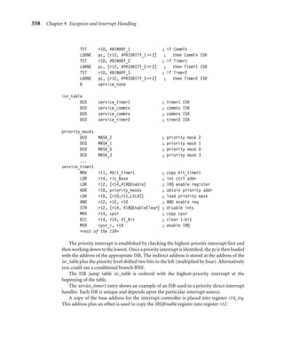 354 Chapter 9 Exception and Interrupt Handling
I_Bit EQU 0x80
PRIORITY_0 EQU 2 ; Comms Rx
PRIORITY_1 EQU 1 ; Comms Tx
PRIORITY_2 EQU 0 ; Timer 1
PRIORITY_3 EQU 3 ; Timer 2
BINARY_0 EQU 1  PRIORITY_0 ; 1  2 0x00000004
BINARY_1 EQU 1  PRIORITY_1 ; 1  1 0x00000002
BINARY_2 EQU 1  PRIORITY_2 ; 1  0 0x00000001
BINARY_3 EQU 1  PRIORITY_3 ; 1  3 0x00000008
MASK_3 EQU BINARY_3
MASK_2 EQU MASK_3+BINARY_2
MASK_1 EQU MASK_2+BINARY_1
MASK_0 EQU MASK_1+BINARY_0
ic_Base EQU 0x80000000
IRQStatus EQU 0x0
IRQRawStatus EQU 0x4
IRQEnable EQU 0x8
IRQEnableSet EQU 0x8
IRQEnableClear EQU 0xc
IRQ_Handler ; instruction state : comment
SUB r14, r14, #4 ; 2 : r14_irq -= 4
STMFD r13!, {r14} ; 2 : save r14_irq
MRS r14, spsr ; 2 : copy spsr_irq
STMFD r13!,{r10,r11,r12,r14} ; 2 : save context
LDR r14, =ic_Base ; 3 : int crtl addr
LDR r10, [r14, #IRQStatus] ; 3 : load IRQ status
MOV r11, pc ; 4 : copy pc
TST r10, #BINARY_0 ; 5 : if CommRx
BLNE disable_lower ; 5 : then branch
TST r10, #BINARY_1 ; 5 : if CommTx
BLNE disable_lower ; 5 : then branch
TST r10, #BINARY_2 ; 5 : if Timer1
BLNE disable_lower ; 5 : then branch
TST r10, #BINARY_3 ; 5 : if Timer2
BLNE disable_lower ; 5 : then branch
disable_lower
SUB r11, r14, r11 ; 5 : r11=r14-copy of pc
LDR r12,=priority_table ; 5 : priority table
 