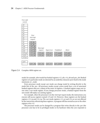 24 Chapter 2 ARM Processor Fundamentals
User and
system
Fast
interrupt
request
Interrupt
request Supervisor Undefined Abort
r0
r1
r2
r3
r4
r5
r6
r7
r8
r9
r10
r11
r12
r13 sp
r14 lr
r15 pc
cpsr
-
r8_ fiq
r9_ fiq
r10_ fiq
r11_ fiq
r12_ fiq
r13_ fiq
r14_ fiq
spsr_ fiq
r13_irq
r14_irq
spsr_irq
r13_svc
r14_svc
spsr_svc
r13_undef
r14_undef
spsr_undef
r13_abt
r14_abt
spsr_abt
Figure 2.4 Complete ARM register set.
mode; for example, abort mode has banked registers r13_abt, r14_abt and spsr_abt. Banked
registers of a particular mode are denoted by an underline character post-ﬁxed to the mode
mnemonic or _mode.
Every processor mode except user mode can change mode by writing directly to the
mode bits of the cpsr. All processor modes except system mode have a set of associated
banked registers that are a subset of the main 16 registers. A banked register maps one-to-
one onto a user mode register. If you change processor mode, a banked register from the
new mode will replace an existing register.
For example, when the processor is in the interrupt request mode, the instructions you
execute still access registers named r13 and r14. However, these registers are the banked
registers r13_irq and r14_irq. The user mode registers r13_usr and r14_usr are not affected
by the instruction referencing these registers. A program still has normal access to the other
registers r0 to r12.
The processor mode can be changed by a program that writes directly to the cpsr (the
processor core has to be in privileged mode) or by hardware when the core responds to
 