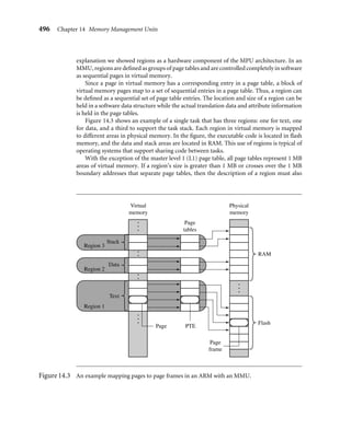 492 Chapter 14 Memory Management Units
to the actual physical addresses where the programs are stored in physical main memory.
This translation process allows programs to run with the same virtual addresses while being
held in different locations in physical memory.
This dual view of memory results in two distinct address types: virtual addresses and
physical addresses. Virtual addresses are assigned by the compiler and linker when locating a
program in memory. Physical addresses are used to access the actual hardware components
of main memory where the programs are physically located.
ARM provides several processor cores with integral MMU hardware that efﬁciently
support multitasking environments using virtual memory. The goal of this chapter is to
learn the basics of ARM memory management units and some basic concepts that underlie
the use of virtual memory.
We begin with a review of the protection features of an MPU and then present the
additional features provided by an MMU. We introduce relocation registers, which hold
the conversion data to translate virtual memory addresses to physical memory addresses,
and the Translation Lookaside Buffer (TLB), which is a cache of recent address relocations.
We then explain the use of pages and page tables to conﬁgure the behavior of the relocation
registers.
We then discuss how to create regions by conﬁguring blocks of pages in virtual memory.
We end the overview of the MMU and its support of virtual memory by showing how to
manipulate the MMU and page tables to support multitasking.
Next we present the details of conﬁguring the MMU hardware by presenting a section for
each of the following components in an ARM MMU: page tables, the Translation Lookaside
Buffer (TLB), access permission, caches and write buffer, the CP15:c1 control register, and
the Fast Context Switch Extension (FCSE).
We end the chapter by providing demonstration software that shows how to set up an
embeddedsystemusingvirtualmemory. Thedemonstrationsupportsthreetasksrunningin
a multitasking environment and shows how to protect each task from the others running in
thesystembycompilingthetaskstorunatacommonvirtualmemoryexecutionaddressand
placing them in different locations in physical memory. The key part of the demonstration
is showing how to conﬁgure the MMU to translate the virtual address of a task to the
physical address of a task, and how to switch between tasks.
The demonstration has been integrated into the SLOS operating system presented in
Chapter 11 as a variant known as mmuSLOS.
14.1 Moving from an MPU to an MMU
In Chapter 13, we introduced the ARM cores with a memory protection unit (MPU). More
importantly, we introduced regions as a convenient way to organize and protect memory.
Regions are either active or dormant: An active region contains code or data in current use
by the system; a dormant region contains code or data that is not in current use, but is likely
to become active in a short time. A dormant region is protected and therefore inaccessible
to the current running task.
 
