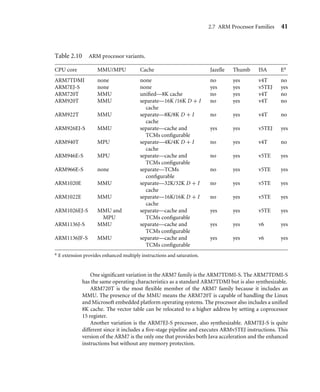 2.7 ARM Processor Families 41
Table 2.10 ARM processor variants.
CPU core MMU/MPU Cache Jazelle Thumb ISA Ea
ARM7TDMI none none no yes v4T no
ARM7EJ-S none none yes yes v5TEJ yes
ARM720T MMU uniﬁed—8K cache no yes v4T no
ARM920T MMU separate—16K /16K D + I
cache
no yes v4T no
ARM922T MMU separate—8K/8K D + I
cache
no yes v4T no
ARM926EJ-S MMU separate—cache and
TCMs conﬁgurable
yes yes v5TEJ yes
ARM940T MPU separate—4K/4K D + I
cache
no yes v4T no
ARM946E-S MPU separate—cache and
TCMs conﬁgurable
no yes v5TE yes
ARM966E-S none separate—TCMs
conﬁgurable
no yes v5TE yes
ARM1020E MMU separate—32K/32K D + I
cache
no yes v5TE yes
ARM1022E MMU separate—16K/16K D + I
cache
no yes v5TE yes
ARM1026EJ-S MMU and
MPU
separate—cache and
TCMs conﬁgurable
yes yes v5TE yes
ARM1136J-S MMU separate—cache and
TCMs conﬁgurable
yes yes v6 yes
ARM1136JF-S MMU separate—cache and
TCMs conﬁgurable
yes yes v6 yes
a E extension provides enhanced multiply instructions and saturation.
One signiﬁcant variation in the ARM7 family is the ARM7TDMI-S. The ARM7TDMI-S
has the same operating characteristics as a standard ARM7TDMI but is also synthesizable.
ARM720T is the most ﬂexible member of the ARM7 family because it includes an
MMU. The presence of the MMU means the ARM720T is capable of handling the Linux
and Microsoft embedded platform operating systems. The processor also includes a uniﬁed
8K cache. The vector table can be relocated to a higher address by setting a coprocessor
15 register.
Another variation is the ARM7EJ-S processor, also synthesizable. ARM7EJ-S is quite
different since it includes a ﬁve-stage pipeline and executes ARMv5TEJ instructions. This
version of the ARM7 is the only one that provides both Java acceleration and the enhanced
instructions but without any memory protection.
 