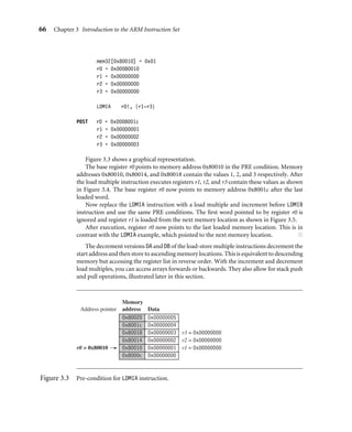 66 Chapter 3 Introduction to the ARM Instruction Set
mem32[0x80010] = 0x01
r0 = 0x00080010
r1 = 0x00000000
r2 = 0x00000000
r3 = 0x00000000
LDMIA r0!, {r1-r3}
POST r0 = 0x0008001c
r1 = 0x00000001
r2 = 0x00000002
r3 = 0x00000003
Figure 3.3 shows a graphical representation.
The base register r0 points to memory address 0x80010 in the PRE condition. Memory
addresses 0x80010, 0x80014, and 0x80018 contain the values 1, 2, and 3 respectively. After
the load multiple instruction executes registers r1, r2, and r3 contain these values as shown
in Figure 3.4. The base register r0 now points to memory address 0x8001c after the last
loaded word.
Now replace the LDMIA instruction with a load multiple and increment before LDMIB
instruction and use the same PRE conditions. The ﬁrst word pointed to by register r0 is
ignored and register r1 is loaded from the next memory location as shown in Figure 3.5.
After execution, register r0 now points to the last loaded memory location. This is in
contrast with the LDMIA example, which pointed to the next memory location. ■
The decrement versions DA and DB of the load-store multiple instructions decrement the
start address and then store to ascending memory locations. This is equivalent to descending
memory but accessing the register list in reverse order. With the increment and decrement
load multiples, you can access arrays forwards or backwards. They also allow for stack push
and pull operations, illustrated later in this section.
0x80020
0x8001c
0x80018
0x80014
0x80010
0x8000c
0x00000005
0x00000004
0x00000003
0x00000002
0x00000001
0x00000000
r3 = 0x00000000
r2 = 0x00000000
r1 = 0x00000000
r0 = 0x80010
Memory
address
Address pointer Data
Figure 3.3 Pre-condition for LDMIA instruction.
 