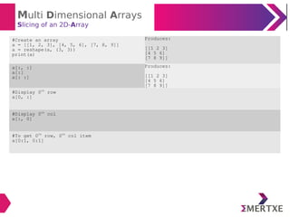 Multi Dimensional Arrays
Slicing of an 2D-Array
#Create an array
a = [[1, 2, 3], [4, 5, 6], [7, 8, 9]]
a = reshape(a, (3, 3))
print(a)
Produces:
[[1 2 3]
[4 5 6]
[7 8 9]]
a[:, :]
a[:]
a[: :]
Produces:
[[1 2 3]
[4 5 6]
[7 8 9]]
#Display 0th
row
a[0, :]
#Display 0th
col
a[:, 0]
#To get 0th
row, 0th
col item
a[0:1, 0:1]
 