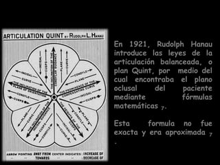 En 1921, Rudolph Hanau
introduce las leyes de la
articulación balanceada, o
plan Quint, por medio del
cual encontraba el plano
oclusal     del    paciente
mediante           fórmulas
matemáticas 7.

Esta     formula no fue
exacta y era aproximada 7
.
 