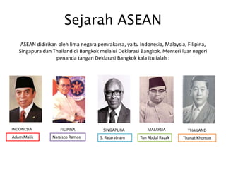 Sejarah ASEAN
ASEAN didirikan oleh lima negara pemrakarsa, yaitu Indonesia, Malaysia, Filipina,
Singapura dan Thailand di Bangkok melalui Deklarasi Bangkok. Menteri luar negeri
penanda tangan Deklarasi Bangkok kala itu ialah :
INDONESIA
Adam Malik
FILIPINA
Narsisco Ramos
SINGAPURA
S. Rajaratnam
MALAYSIA
Tun Abdul Razak
THAILAND
Thanat Khoman
 