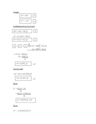 Luego
Sustituimos 3 en 2 y 4 en 1
V1 – 4(-4I2) = 12|_0
x + {16 V1 – 16 I2 = 96 |_0
V1 + 16 I2 = 12|_0
→ 17 V1 = 108|_0
V1 = 108 |_0
17
(v)
Con lo cual
V2 = 4V1= 4(6.353|_0)
(v)
De 6:
I2 = 12|_0 – V1
16
= 12|_0 – 6.353 |_0
16
De 4:
I1 = - 4 (0.353 |_0) A
V2 = 4V1
I1 = - 4 I2 4
4V1 – 4I2 = 24|_0 5
V1 + 16 I2 = 12 |_0 6
V1 = 6.353 |_0
V2= 25.412 |_0
I2 = 0.353 |_0 (A)
3
5 64
 