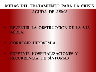 METAS  DEL  TRATAMIENTO  PARA  LA  CRISIS  AGUDA  DE  ASMA REVERTIR  LA  OB S TRUCCIÓN DE  LA  VIA  A É REA. CORREGIR  HIPOXEMIA. PREVENIR  HOSPITALIZACIONES  Y  RECURRENCIA  DE  S Í NTOMAS 