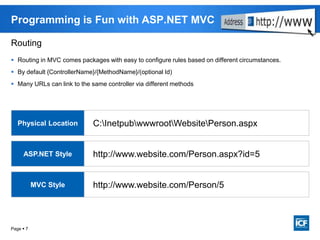 Page  7
Programming is Fun with ASP.NET MVC
C:InetpubwwwrootWebsitePerson.aspx
http://www.website.com/Person.aspx?id=5
http://www.website.com/Person/5
Physical Location
ASP.NET Style
MVC Style
Routing
 Routing in MVC comes packages with easy to configure rules based on different circumstances.
 By default {ControllerName}/{MethodName}/(optional Id)
 Many URLs can link to the same controller via different methods
 