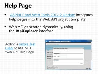 ASP.NET and Web Tools 2012.2 Update
Adding a simple Test
Client to ASP.NET
Web API Help Page
 