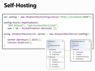 var config = new HttpSelfHostConfiguration("http://localhost:8080");
config.Routes.MapHttpRoute(
"API Default", "api/{controller}/{id}",
new { id = RouteParameter.Optional });
using (HttpSelfHostServer server = new HttpSelfHostServer(config))
{
server.OpenAsync().Wait();
Console.ReadLine();
}
 