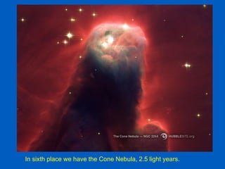 In sixth place we have the Cone Nebula, 2.5 light years.
 