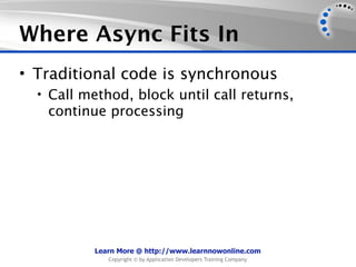 Where Async Fits In
• Traditional code is synchronous
  • Call method, block until call returns,
   continue processing




          Learn More @ http://www.learnnowonline.com
             Copyright © by Application Developers Training Company
 