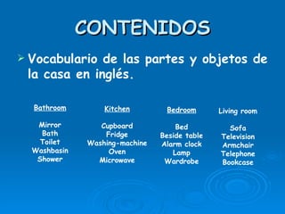CONTENIDOS Vocabulario de las partes y objetos de la casa en inglés. Bathroom Mirror Bath Toilet Washbasin Shower Kitchen Cupboard Fridge Washing-machine Oven Microwave Bedroom Bed Beside table Alarm clock Lamp Wardrobe Living room Sofa Television Armchair Telephone Bookcase 