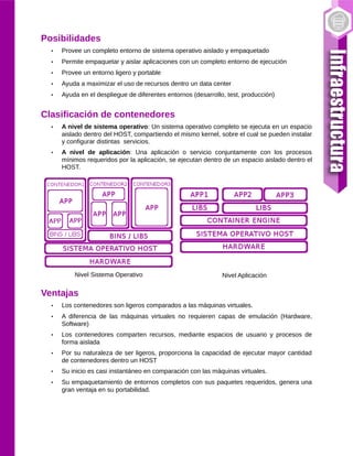 Posibilidades
• Provee un completo entorno de sistema operativo aislado y empaquetado
• Permite empaquetar y aislar aplicaciones con un completo entorno de ejecución
• Provee un entorno ligero y portable
• Ayuda a maximizar el uso de recursos dentro un data center
• Ayuda en el despliegue de diferentes entornos (desarrollo, test, producción)
Clasificación de contenedores
• A nivel de sistema operativo: Un sistema operativo completo se ejecuta en un espacio
aislado dentro del HOST, compartiendo el mismo kernel, sobre el cual se pueden instalar
y configurar distintas servicios.
• A nivel de aplicación: Una aplicación o servicio conjuntamente con los procesos
mínimos requeridos por la aplicación, se ejecutan dentro de un espacio aislado dentro el
HOST.
Nivel Sistema Operativo Nivel Aplicación
Ventajas
• Los contenedores son ligeros comparados a las máquinas virtuales.
• A diferencia de las máquinas virtuales no requieren capas de emulación (Hardware,
Software)
• Los contenedores comparten recursos, mediante espacios de usuario y procesos de
forma aislada
• Por su naturaleza de ser ligeros, proporciona la capacidad de ejecutar mayor cantidad
de contenedores dentro un HOST
• Su inicio es casi instantáneo en comparación con las máquinas virtuales.
• Su empaquetamiento de entornos completos con sus paquetes requeridos, genera una
gran ventaja en su portabilidad.
 