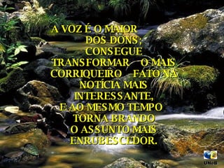 A VOZ É O MAIOR  DOS DONS; CONSEGUE TRANSFORMAR  O MAIS CORRIQUEIRO  FATO NA NOTÍCIA MAIS INTERESSANTE, E AO MESMO TEMPO  TORNA BRANDO O ASSUNTO MAIS ENRUBESCEDOR. UNeB  