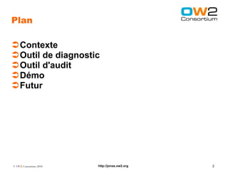 Plan

Contexte
Outil de diagnostic
Outil d'audit
Démo
Futur




© OW2 Consortium 2010   http://jonas.ow2.org   2
 