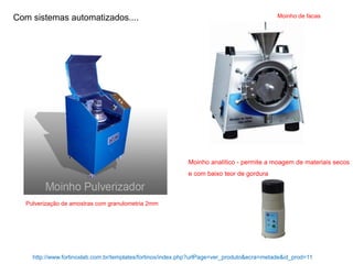 Com sistemas automatizados....
Pulverização de amostras com granulometria 2mm
http://www.fortinoxlab.com.br/templates/fortinox/index.php?urlPage=ver_produto&ecra=metade&id_prod=11
Moinho de facas
Moinho analítico - permite a moagem de materiais secos
e com baixo teor de gordura
 
