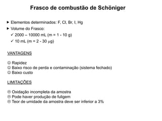 VANTAGENS
 Rapidez
 Baixo risco de perda e contaminação (sistema fechado)
 Baixo custo
LIMITAÇÕES
 Oxidação incompleta da amostra
 Pode haver produção de fuligem
 Teor de umidade da amostra deve ser inferior a 3%
 Elementos determinados: F, Cl, Br, I, Hg
 Volume do Frasco:
 2000 – 10000 mL (m = 1 - 10 g)
 10 mL (m = 2 - 30 g)
Frasco de combustão de Schöniger
 
