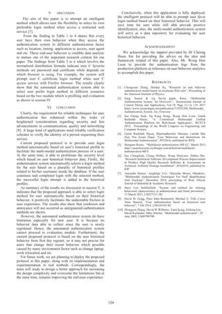 V. DISCUSSION
The aim of this paper is to attempt an intelligent
method which allows user the flexibility to select its own
preferable login method when access a restricted web
service [7].
From the finding in Table 1 to 4 shares that every
user have their own behavior when they access the
authentication system in different authentication factor
such as location, timing, application to access, user agent
and etc. These end-user behavior is credible data analytic
to mature one of the important research content for our
paper. The findings from Table 5 to 6 which involve the
normalized distribution formula indicate user C favorite
methods are password and certificate while depends on
which browser is using. For example, the system will
prompt user C certificate login method when user C
access service with Firefox browser. The results clearly
show that the automated authentication system able to
select user prefer login method in different scenarios
based on the two module which is profiling and evaluation
as shown in session IV.
VI. CONCLUSION
Clearly, the requirement for reliable techniques for user
authentication has enhanced within the wake of
heightened considerations regarding security and fast
advancements in communication, quality and networking
[8]. A large kind of applications need reliable verification
schemes to verify the identity of a person requesting their
service.
Current proposed protocol is to provide user login
method automatically based on user’s historical profile to
facilitate the multi-modal authentication process of a user.
At the same time, it able to proliferate the security level
which based on user historical behavior data. Firstly, the
authentication system automatically selects a login method
for the user based on a plurality of historical profiles
related to his/her username inside the database. If the user
continues and completed login with the selected method,
the successful login attempt is added to the historical
profiles.
As summary of the results we discussion in session V, it
indicates that the proposed approach is able to select login
method for user automatically based on their historical
behavior, it positively facilitates the undesirable friction in
user experience. The results also show that confusion and
annoyance will not occurred as unregistered authentication
methods are shown.
However, the automated authentication system do have
limitation especially for new user. It is because no
behavior data able to collect since the user is newly
registered. Hence, the automated authentication system
cannot proceed to evaluation module. Furthermore, the
current proposed protocol is based on the user historical
behavior from first day register, so it may not precise for
users that change their recent behavior which possible
caused by many environment factor such as change laptop,
work relocation and etc.
For future work, we are planning to deploy the proposed
protocol in this paper, along with its implementation and
experimentation in real testbeds. Correspondingly, the
team will study to design a better approach for increasing
the design complexity and overcome the limitations but at
the same time, remains improving the end-user experience.
Conclusively, when this application is fully deployed,
the intelligent protocol will be able to prompt user favor
login method based on their historical behavior. This will
save time for user while still able provide positive
identification, also, the multi-modal authentication system
will serve as a data repository for evaluating the user
historical behavior.
ACKNOWLEDGMENT
We acknowledge the support provided by Dr Cheong
Hoon Sin for providing the advice on the idea and
framework related of this paper. Also, Mr. Wong Hon
Loon to provide the authentication logs from the
production platform as reference on user behavior analytics
to accomplish this paper.
REFERENCES
[1] Chengyuan Zhang, Haishui Xu, “Research on user behavior
authentication model based on stochastic Petri nets”, Proceeding of
the American Institute of Physics
[2] Garg, Suneet  vig Savita gupta, Renu, “Multimodal
Authentication System: An Overview”, International Journal of
Control Theory and Applications, Vol 10, Page 111 to 119, 2017
https://www.researchgate.net/publication/319292208_Multimodal_
Authentication_System_An_Overview
[3] Sea Chong Seak, Ng Kang Siong, Wong Hon Loon, Galoh
Rashidah Haron, “A Centralized Multimodal Unified
Authentication Platform for Web-based Application”, WCECS
2014, Proceedings of the World Congress on Engineering and
Computer Science
[4] Galoh Rashidah Haron, Dharmadharshni Maniam, Latifah Mat
Nen, Nor Izyani Daud, “User Behaviour and Interactions for
Multimodal Authentication”, PST2016, published by IEEE.
[5] Margaret Rouse, “Multifactor authentication (MFA)”, March 2015,
https://searchsecurity.techtarget.com/definition/multifactor-
authentication-MFA
[6] Sea ChongSeak, Chang PeiShan, Wong HonLoon, Dahlia Din,
“Research Institution Software Development Process Improvement
to Produce High Quality Research Software  Assessment on
Technical Software Package Installation”, ISAI2018, published by
IOP
[7] Anusiuba Ifeanyi, Anigbogu S.O., Onyesolu Moses, Okonkwo,
“Multimodal Authentication Techniques For Staff Identification
And Tracking”, December 2014, proceeding of West African
Journal of Industrial  Academic Research.
[8] Stacy Lyn Stubblefield, “System and method for utilizing
behavioral characteristics in authentication and fraud prevention”,
15 March 2013, US9275211 B2
[9] David M. Grigg, Peter John Bertanzetti, Michael E. Toth, Carrie
Anne Hanson, “User authentication based on historical user
behavior”, 7 Feb 2014, US9185101 B2
[10] Zhengyou Zhang, David W.Williams, Yuan Kong, Zicheng Liu,
David Kurlander, Mike Sinclair, “Multimodal authentication”, 29
June 2005, US8079079B
124
 