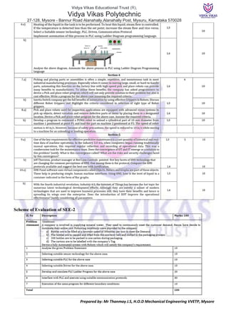 Vidya Vikas Educational Trust (R),
Vidya Vikas Polytechnic
27-128, Mysore - Bannur Road Alanahally,Alanahally Post, Mysuru, Karnataka 570028
Prepared by: Mr Thanmay J.S, H.O.D Mechanical Engineering VVETP, Mysore
Scheme of Evaluation of SEE-2
 