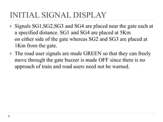 INITIAL SIGNAL DISPLAY
 Signals SG1,SG2,SG3 and SG4 are placed near the gate each at
a specified distance. SG1 and SG4 are placed at 5Km
on either side of the gate whereas SG2 and SG3 are placed at
1Km from the gate.
 The road user signals are made GREEN so that they can freely
move through the gate buzzer is made OFF since there is no
approach of train and road users need not be warned.
 
