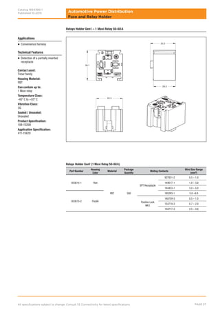 Automotive Power Distribution
All specifications subject to change. Consult TE Connectivity for latest specifications. PAGE 27
Catalog 1654390-1
Published 10-2015
Fuse and Relay Holder
Relays Holder Gen1 – 1 Maxi Relay 50-60 A
Applications
J	 Convenience harness
Technical Features
J	 Detection of a partially inserted
	receptacle
Contact used:
Timer family
Housing Material:
PBT
Can contain up to:
1 Maxi relay
Temperature Class:
-40° C to +85° C
Vibration Class:
3G
Sealed / Unsealed:
Unsealed
Product Specification:
108-15208
Application Specification:
411-15620
Relays Holder Gen1 (1 Maxi Relay 50-60 A)
Part Number
Housing
Color
Material
Package
Quantity
Mating Contacts
Wire Size Range
(mm2)
953615-1 Red
PBT 500
SPT Receptacle
927831-2 0.5 – 1.0
144617-1 1.0 – 3.0
144433-1 3.0 – 5.0
953615-2 Purple
185283-1 5.0 –6.0
Positive Lock
MK1
160759-3 0.5 – 1.5
154718-3 0.7 – 2.0
154717-3 2.5 – 4.0
32.0
28.0
38.1
33.5
 