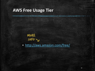 AWS Free Usage Tier
▪ http://aws.amazon.com/free/
39
 