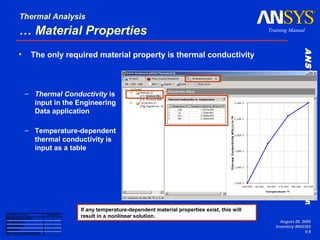 ANSYSWorkbench–SimulationANSYSWorkbench–Simulation
Training Manual
Thermal Analysis
August 26, 2005
Inventory #002265
6-8
… Material Properties
– Thermal Conductivity is
input in the Engineering
Data application
– Temperature-dependent
thermal conductivity is
input as a table
ANSYS License Availability
DesignSpace Entra x
DesignSpace x
Professional x
Structural
Mechanical/Multiphysics x
If any temperature-dependent material properties exist, this will
result in a nonlinear solution.
• The only required material property is thermal conductivity
 