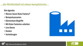 ...die Wirklichkeit ist etwas komplizierter...
Die Agenda:
• Warum Azure Data Factory?
• Beispielszenarien
• Elementare Begriffe
• Mit Data Factories arbeiten
• Live Demo
• Kosten
• Vertiefungen
 
