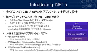 • 代替は Open source core workflow for Windows workflow (WF): https://github.com/UiPath/corewf
Introducing .NET 5
.NET
.NET STANDARD
 