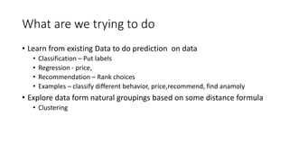 What are we trying to do
• Learn from existing Data to do prediction on data
• Classification – Put labels
• Regression - price,
• Recommendation – Rank choices
• Examples – classify different behavior, price,recommend, find anamoly
• Explore data form natural groupings based on some distance formula
• Clustering
 