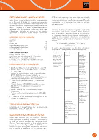 PRESENTACIÓN DE LA ORGANIZACIÓN
Jesús Obrero es una Fundación Benéfico Docente dirigida
por la Compañía de Jesús. Nos comprometemos con las
necesidades sociales del entorno y en esa línea impulsamos
la formación integral , la excelencia académica, humana,
técnica y cristiana. De la misma forma es sensible y da
respuesta a las demandas de instituciones, empresas,
trabajadores y sociedad en genera, con una gestión
apoyada en un modelo de calidad integral y sostenible.
ALCANCE DE NUESTRA FORMACIÓN
ALUMNOS
ESO	
BACHILLER	
FORMACION PROFESIONAL	
FORMACION OCUPACIONAL	
Nº DE EMPLEADOS	

516
346
837
1291
220

FORMACIÓN PROFESIONAL
Electricidad-Electrónica
Fabricación Mecánica / Edificación y Obra civil¡
Mantenimiento y servicio a la producción
Sanidad/Química y Medio ambiente/Administración
RECONOCIMIENTOS DE LA ORGANIZACIÓN:

•	 Q de Plata (400 puntos modelo EFQM) en el año 2.002.
•	 Q de Oro (500 puntos modelo EFQM) en el año 2.006.
•	 ISO 14001: 2004.
•	 	Diploma de Reconocimiento por el Proyecto Europeo

Q*FOR-CEDEO en cuanto a su Calidad en la
Formación Continua a través de la satisfacción de sus
clientes y de la transparencia de su información.
•	 	Certificado europeo de Ecogestión y Ecoauditorias
EMAS.III
•	 	Finalista Europeo EMAS (2008) Modalidad empresa
(50-250) Por reducción de emisiones de efecto
invernadero.
•	 Bandera Verde ADEAC, Ecoparlemento Europeo.
Ecoescuela.
•	 Premios a la Innovación y medio ambiente (2001, 2006
y 2007).
•	 1º Premio en el VIII Encuentro de buenas prácticas del
club 400 de Euskalit (2011).

A21E, el cual nos proporciona un proceso estructurado
para la consecución de mejoras continuas y para el
control sistemático del comportamiento ambiental de la
organización y de su efecto educador sobre las personas
que la componen
Tratamos de tener un sistema integrado, basado en la
participación libre, activa y voluntaria de los miembros
de la organización, la prevención de la contaminación,
la transparencia en la comunicación de sus resultados a
las partes interesadas y la colaboración con las distintas
Administraciones, empresas y organizaciones de nuestro
entorno.
“AL GESTIONAR, EDUCAMOS Y EDUCANDO,
GESTIONAMOS”
El cuadro siguiente nos dará una idea de la articulación
del proyecto, y el segundo nos muestra su recorrido
Desde donde

A/quién/para quién

Como

Educar, formar y/o
sensibilizar a las
personas para que
tanto en su vida
privada como en su
actividad profesional
apliquen criterios
de sostenibilidad
ambiental.

Personal

Agenda 21
(residuoso04,
energia05,
movilidad06,
residuos07,
agua 08, cambio
climatico y
energía09,
movilidad y
energia10,
consumo11

Alumnos.

Mas de 7000
alumos y 150
profesores)
Familias.

Red Escuelas
Sostenibles Pais
Vasco
Red Mundial de
Escoescuelas

Sociedad

Asociación de
centros de FP
Talleres
medioambientales
Programa Ibaialde
Gobierno vasco

Instituciones:

TÍTULO DE LA BUENA PRÁCTICA

Gobierno vasco

DESARROLLO E IMPLANTACION DE LA EFICIENCIA
ENERGETICA EN JESUS OBRERO

The Climate
Project Spain
CONAMA

F Caja Vital

Ayuntamiento Vitoria
Dpto Industria y MA
Ingurugela-CEIDA
IHOBE

DESARROLLO DE LA NUEVA PRÁCTICA

URA (Agencia de Agua)

Desde 1996 contamos con una Comisión Ambiental
donde participan alumnas y alumnos, profesorado y
personal no docente, apoyados por la Asociación de
Madres y Padres que mediante el desarrollo de nuestro
proyecto transversal de Agenda 21 Escolar (A21E) pone en
marcha una serie de proyectos. La reflexión estratégica
nos ha llevado a desarrollar un SGA 140001-EMAS-

IDAE

EVE

77

 