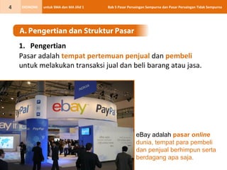 untuk SMA dan MA Jilid 1 Bab 5 Pasar Persaingan Sempurna dan Pasar Persaingan Tidak SempurnaEKONOMI4
A. Pengertian dan Struktur Pasar
Pasar adalah tempat pertemuan penjual dan pembeli
untuk melakukan transaksi jual dan beli barang atau jasa.
1. Pengertian
eBay adalah pasar online
dunia, tempat para pembeli
dan penjual berhimpun serta
berdagang apa saja.
 
