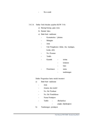 Fail Kuasa PSS SMK Kamunting Bakti
- Kos seunit
3.8.3.4. Daftar Stok bekalan pejabat (KEW 314)
a) Barang-barang guna terus
b) Bentuk buku
a) Butir-butir maklumat
- Kementerian / jabatan
- Bahagian
- Jenis
- Unit Pengukuran (helai, rim, kepingan,
kotak, dsb)
- No. Pesanan
- Tarikh
- Kuantiti - terima
- keluaran
- baki
- Penerimaan - nama
- tandatangan
Daftar Pergerakan harta modal inventori
a) Butir-butir maklumat
- Jenis
- Jenama dan model
- No. Siri Pembuat
- No. Siri Pendaftaran
- Nama Peminjam
- Tarikh - dikeluarkan
- jangka dipulangkan
b) Tandatangan peminjam
 