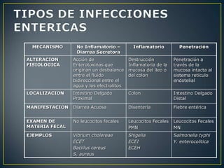 MECANISMO No Inflamatorio –
Diarrea Secretora
Inflamatorio Penetración
ALTERACION
FISIOLOGICA
Acción de
Enterotoxinas que
originan un desbalance
entre el fluido
bidireccional entre el
agua y los electrolitos
Destrucción
Inflamatoria de la
mucosa del íleo o
del colon
Penetración a
través de la
mucosa intacta al
sistema retículo
endotelial
LOCALIZACION Intestino Delgado
Proximal
Colon Intestino Delgado
Distal
MANIFESTACION Diarrea Acuosa Disentería Fiebre entérica
EXAMEN DE
MATERIA FECAL
No leucocitos fecales Leucocitos Fecales
PMN
Leucocitos Fecales
MN
EJEMPLOS Vibrium cholereae
ECET
Bacillus cereus
S. aureus
Shigella
ECEI
ECEH
Salmonella typhi
Y. enterocolitica
 